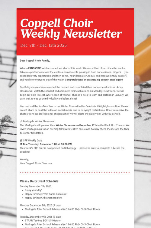 Coppell Choir Weekly Newsletter