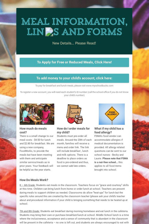 Meal Information, Links and Forms
