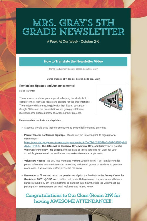 Mrs. Gray's 5th Grade Newsletter