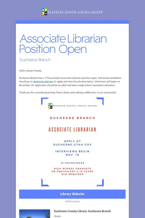 Associate Librarian Position Open
