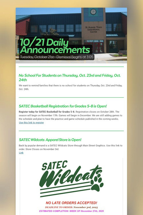 10/21 Daily Announcements