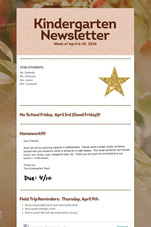 Kindergarten Newsletter
