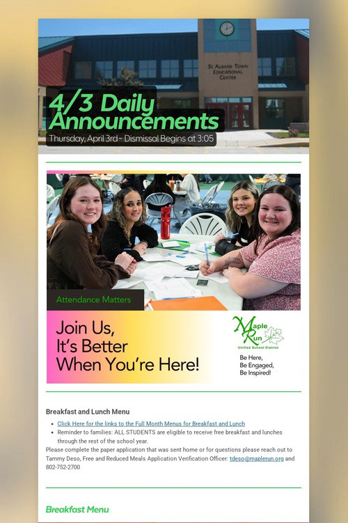 4/3  Daily Announcements