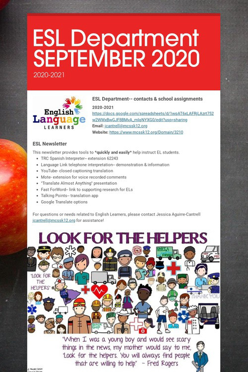 ESL Department SEPTEMBER 2020