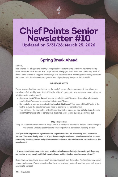 Chief Points Senior Newsletter #10