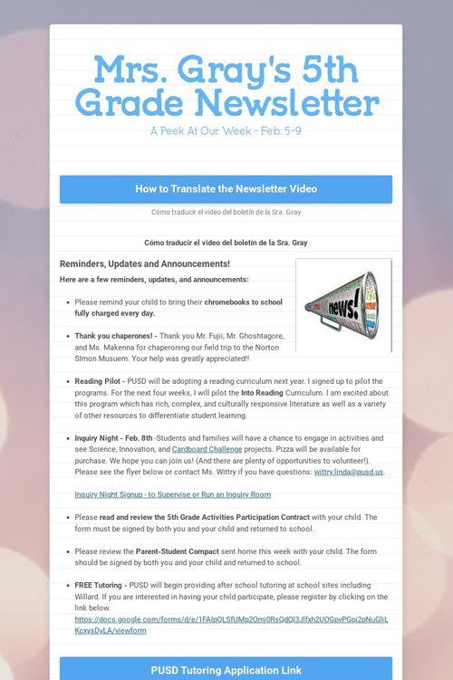 Mrs. Gray's 5th Grade Newsletter