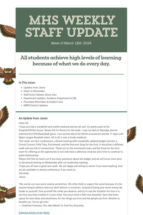 MHS WEEKLY STAFF UPDATE