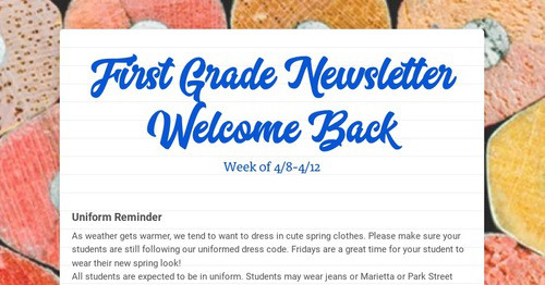 First Grade Newsletter Welcome Back