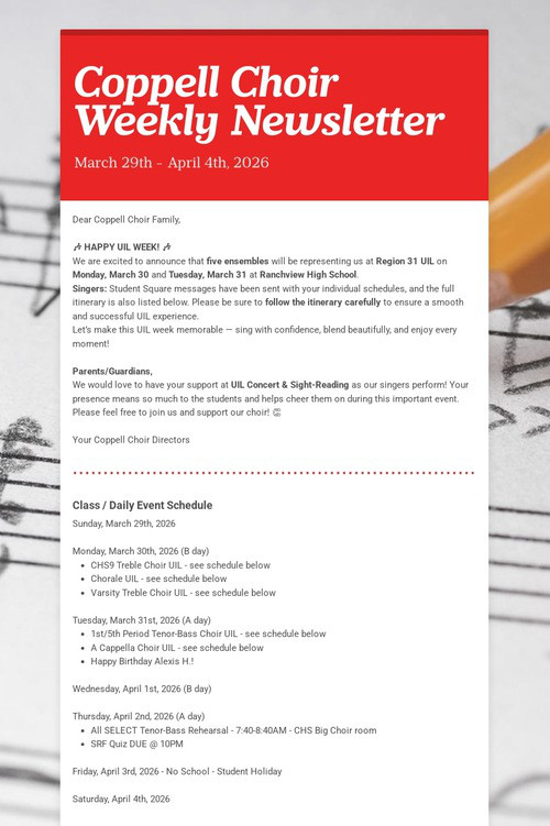 Coppell Choir Weekly Newsletter