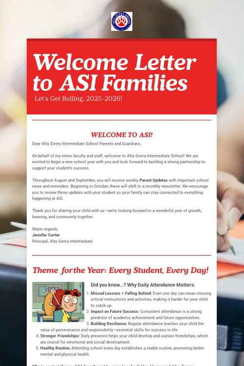 Welcome Letter to ASI Families