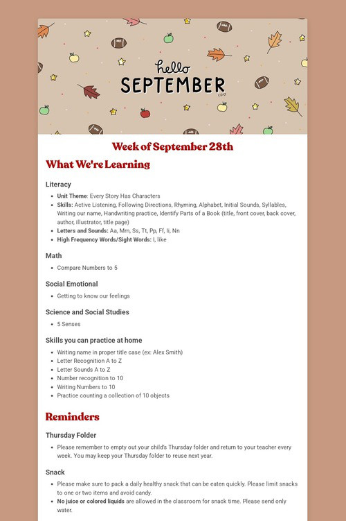 Kindergarten Newsletter