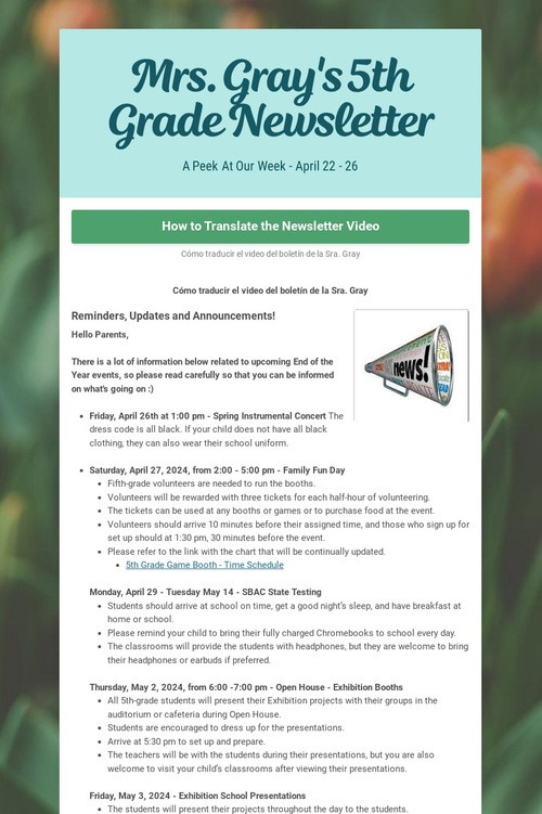 Mrs. Gray's 5th Grade Newsletter