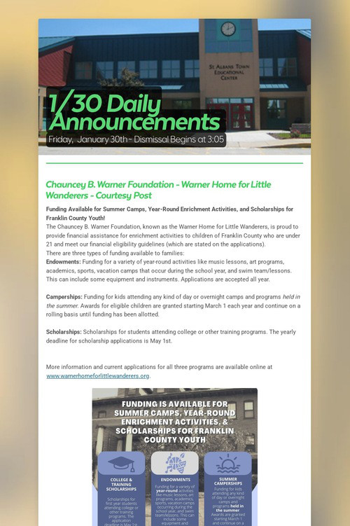 1/30 Daily Announcements