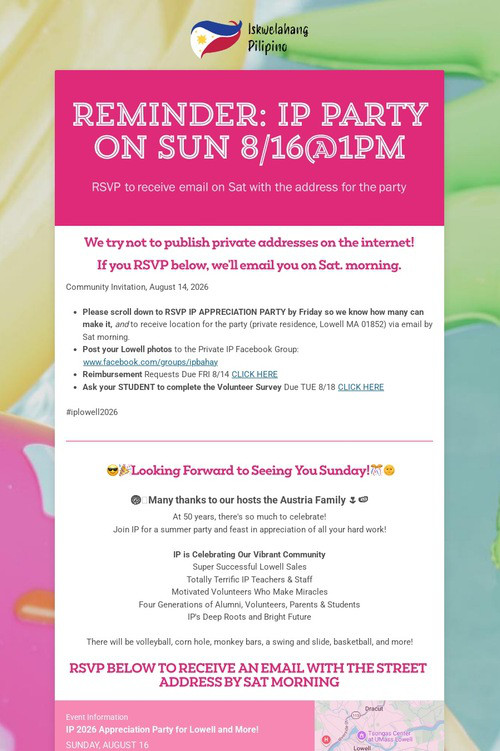 Reminder: IP Party on SUN 8/16@1pm