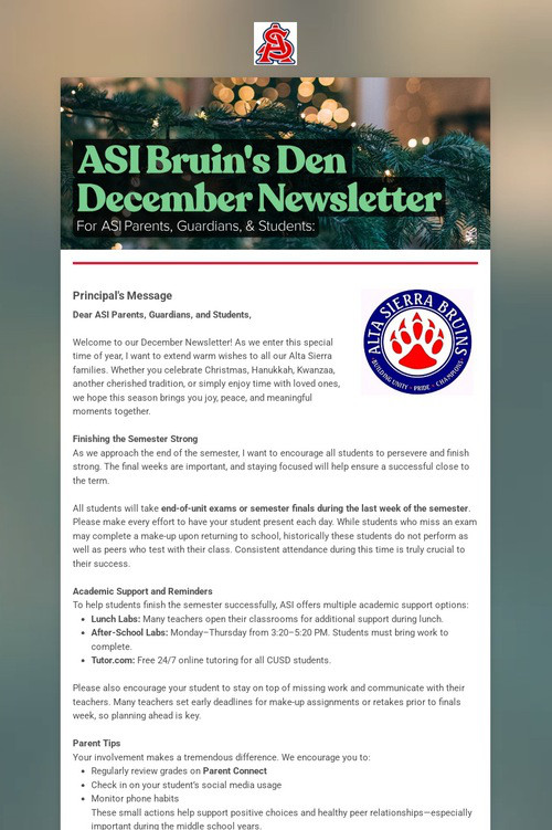 ASI Bruin's Den December Newsletter