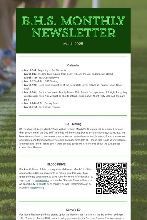 B.H.S. Monthly Newsletter
