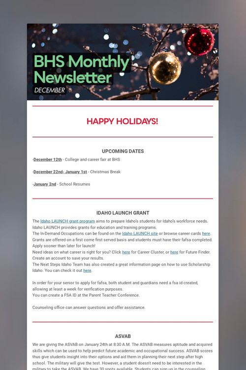BHS Monthly Newsletter
