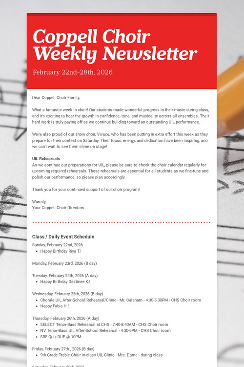 Coppell Choir Weekly Newsletter
