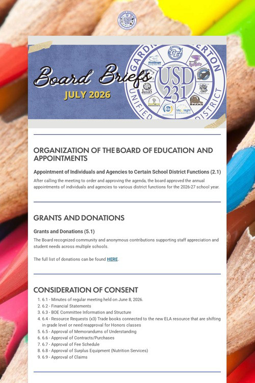 USD 231 Board Briefs (July 2026)