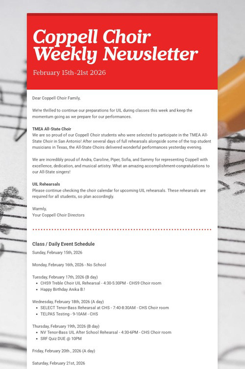 Coppell Choir Weekly Newsletter