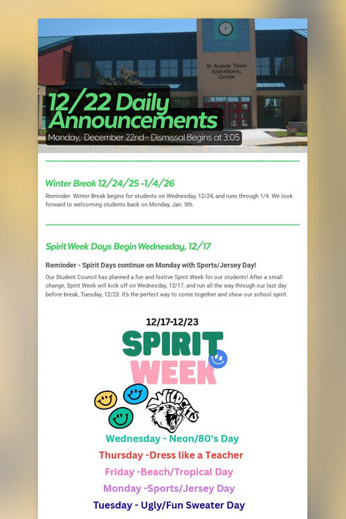12/22 Daily Announcements