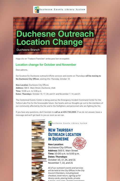 Duchesne Outreach Location Change