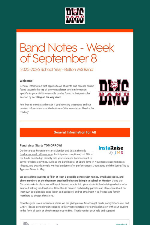 Band Notes - Week of September 8