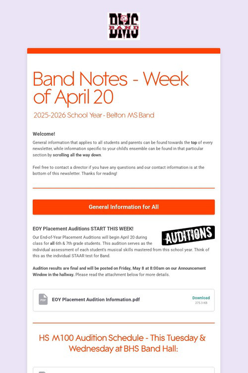 Band Notes - Week of April 20