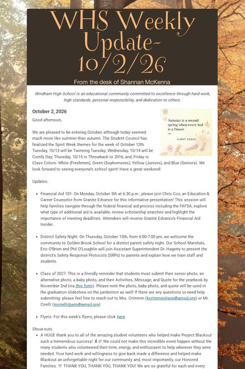 WHS Weekly Update- 10/2/26