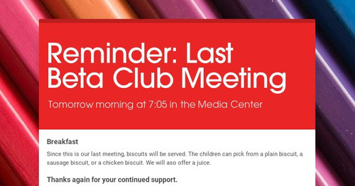 Reminder: Last Beta Club Meeting | Smore Newsletters