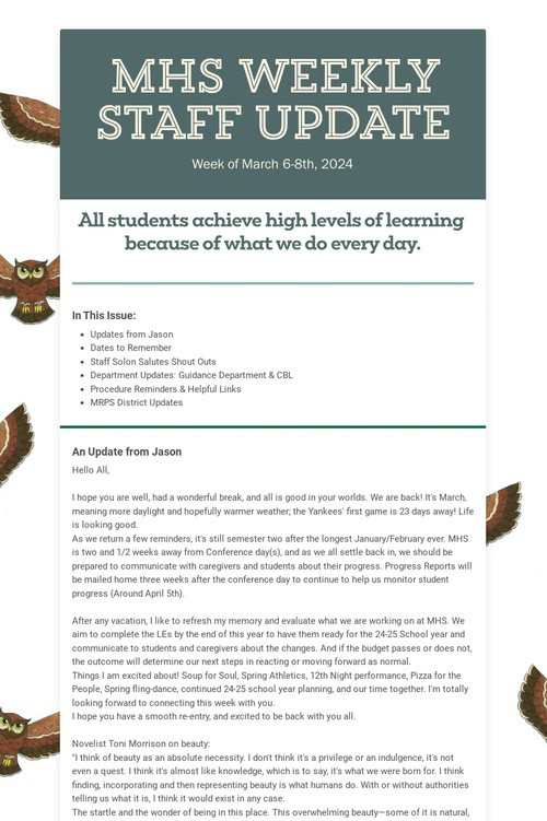 MHS WEEKLY STAFF UPDATE