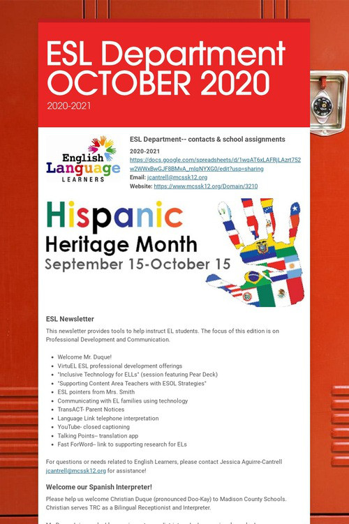 ESL Department OCTOBER 2020