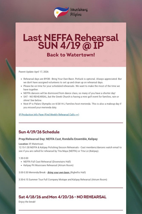 Last NEFFA Rehearsal SUN 4/19 @ IP