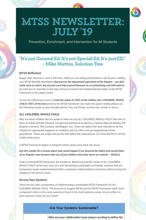 MTSS Newsletter: July '19