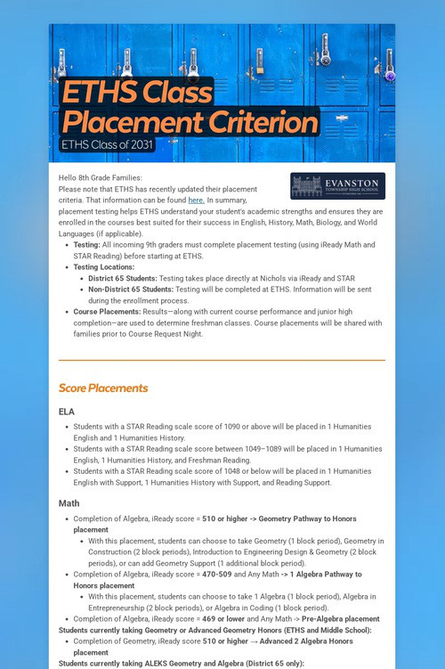ETHS Class Placement Criterion