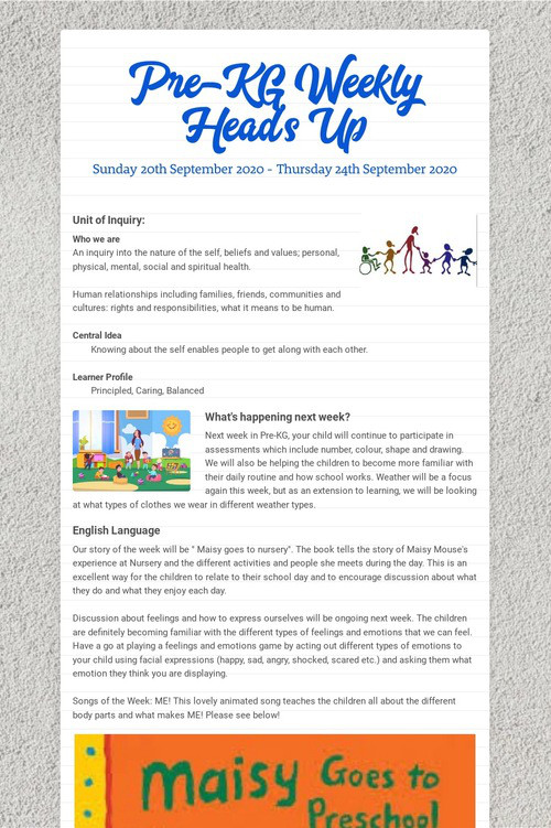 Pre-KG Weekly Head's Up