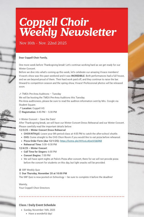Coppell Choir Weekly Newsletter