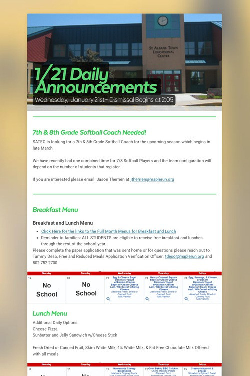 1/21 Daily Announcements