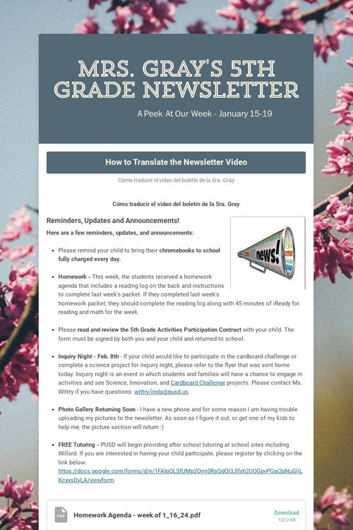 Mrs. Gray's 5th Grade Newsletter