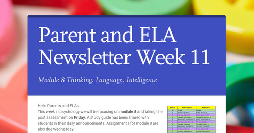Parent and ELA Newsletter Week 11