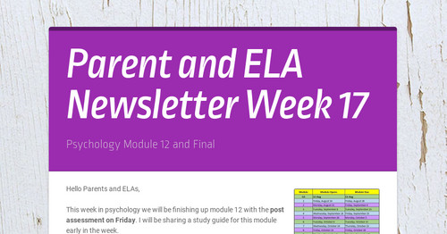 Parent and ELA Newsletter Week 17