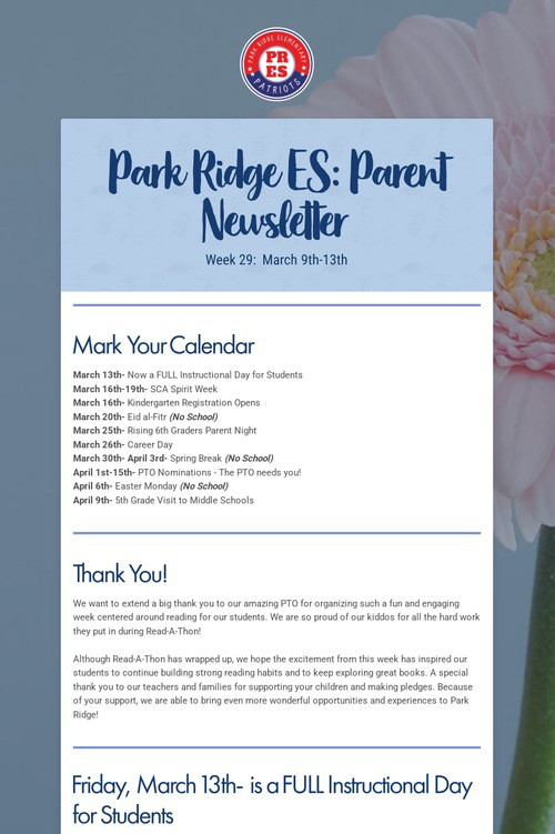 Park Ridge ES: Parent Newsletter