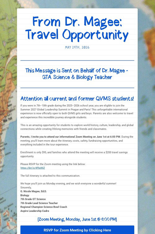 From Dr. Magee: Travel Opportunity