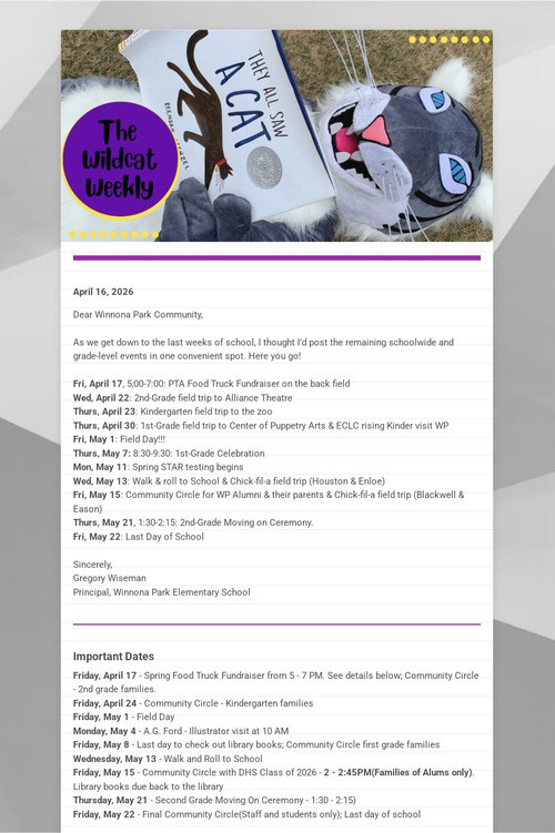 Winnona Park Weekly Update