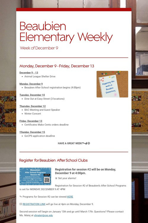 Beaubien Elementary Weekly