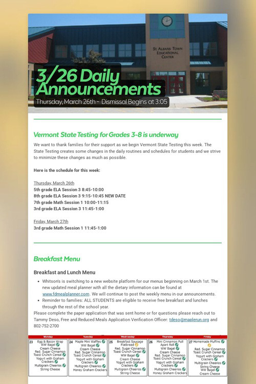 3/26 Daily Announcements