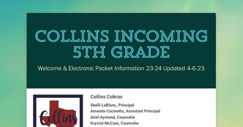 Collins Incoming 5th Grade