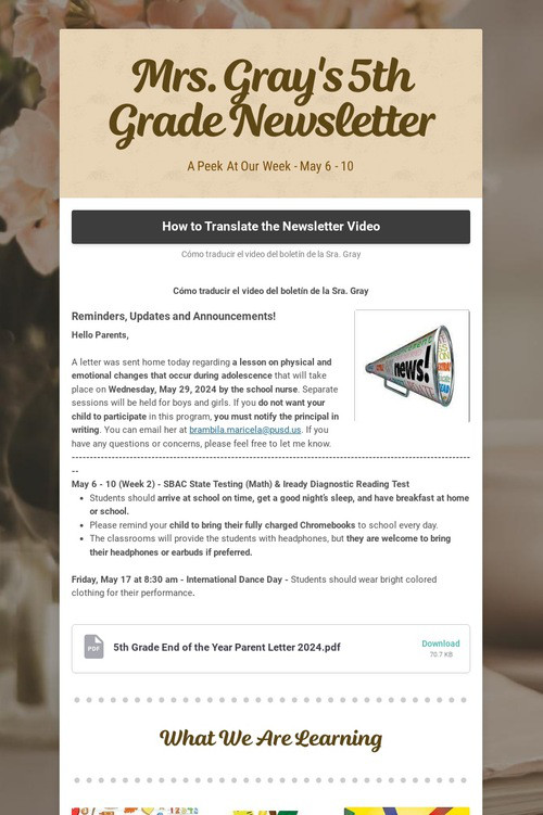 Mrs. Gray's 5th Grade Newsletter
