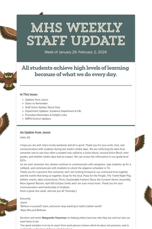 MHS WEEKLY STAFF UPDATE