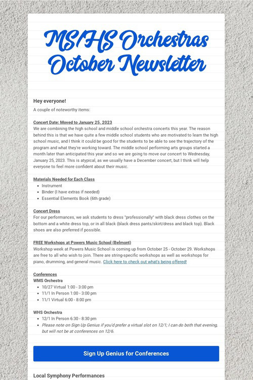 MS/HS Orchestras October Newsletter